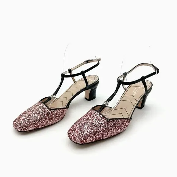 GUCCI Pink Glitter T-Strap Embellished Size 37.5 US 7.5 Leather GG Marmont - Picture 13 of 14